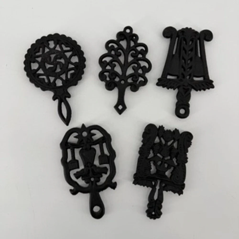 Vintage Black Cast Iron Trivet Set 5pc Pennsylvania Dutch Folk Art MT Series